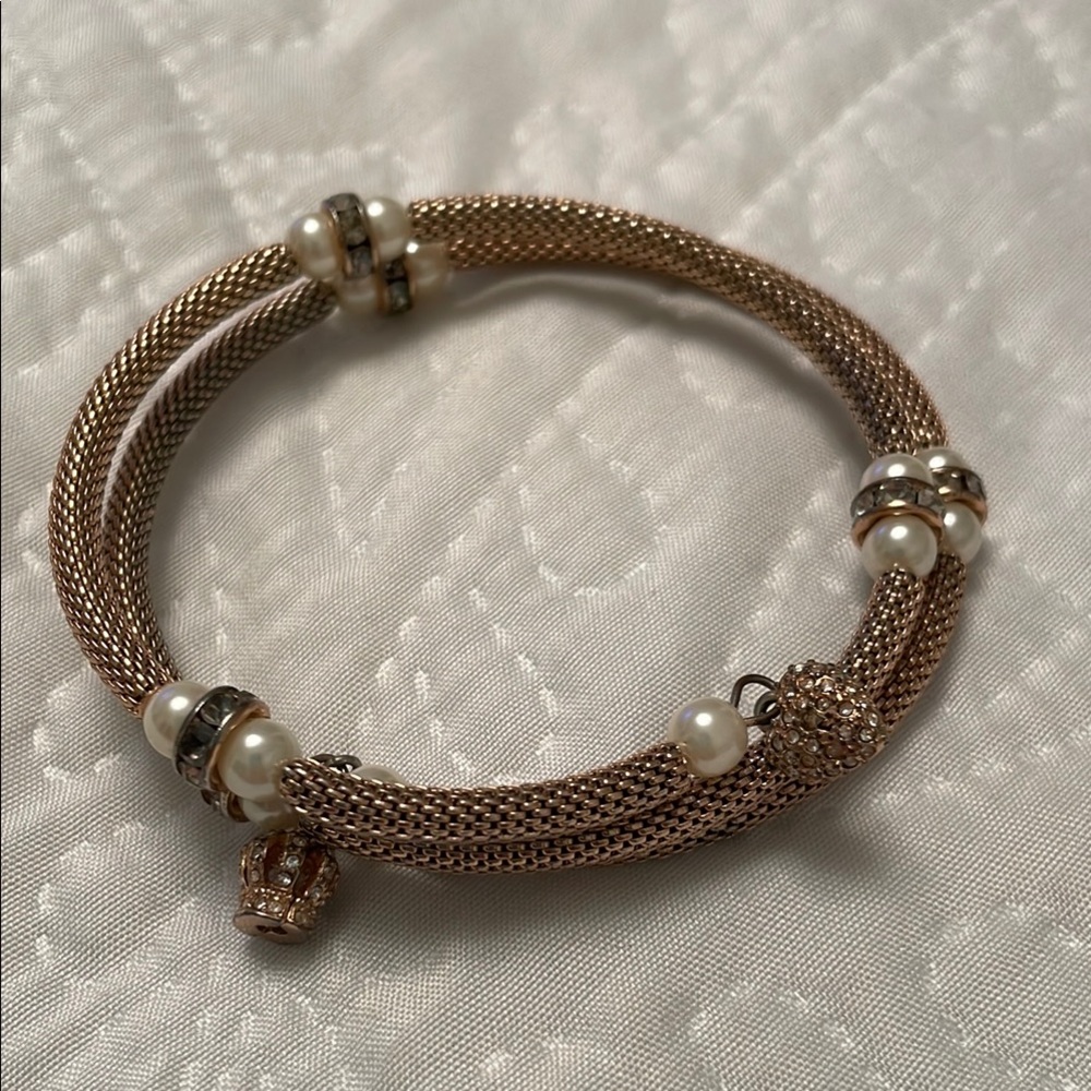 Juicy Couture Gold Tone Mesh Wrap Bracelet with Faux Pearls & Rhinestones